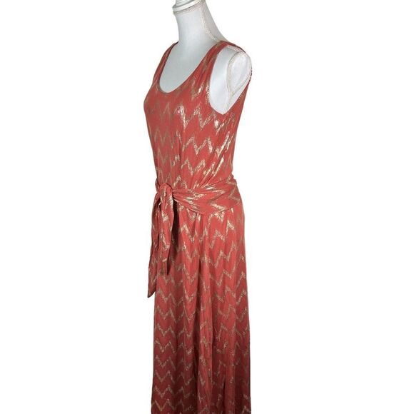 Soft Surroundings Alessandra Dark Coral & Gold Metallic Chevron Maxi Dress - Picture 3 of 11